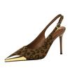 Pantofi de Banchet la Modă din Metal cu Vârf Ascuțit și Toc Subțire, Tocuri Super Înalte, cu Imprimeu Leopard, Decupaj în Partea din Față, Curea la Călcâi