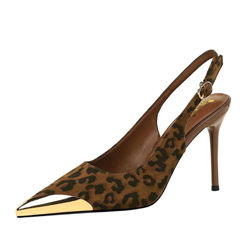 Pantofi de Banchet la Modă din Metal cu Vârf Ascuțit și Toc Subțire, Tocuri Super Înalte, cu Imprimeu Leopard, Decupaj în Partea din Față, Curea la Călcâi