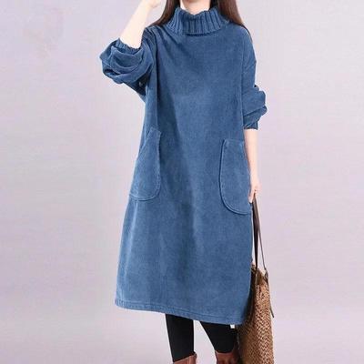 LYRIA Women Autumn Winter Dress New Retro Corduroy Vestidos Add  Velvet High Neck Dress Mid-Length Loose Pullover Sweater Female