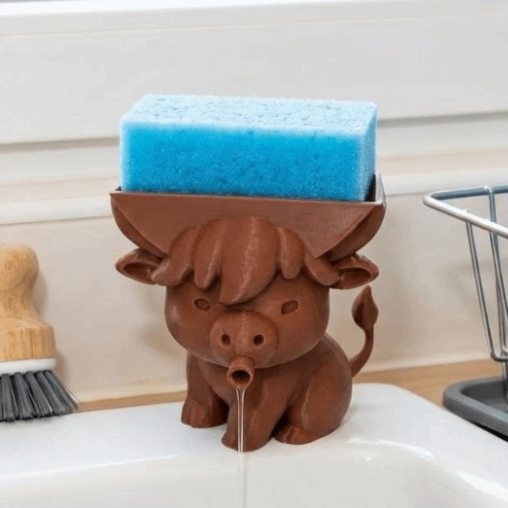 3D Printed Cow Shape Sponge Holder Cartoon Funny Sponge Drying Holder Plastic with Drainage Holes Soap Rack Bathroom Organizer
