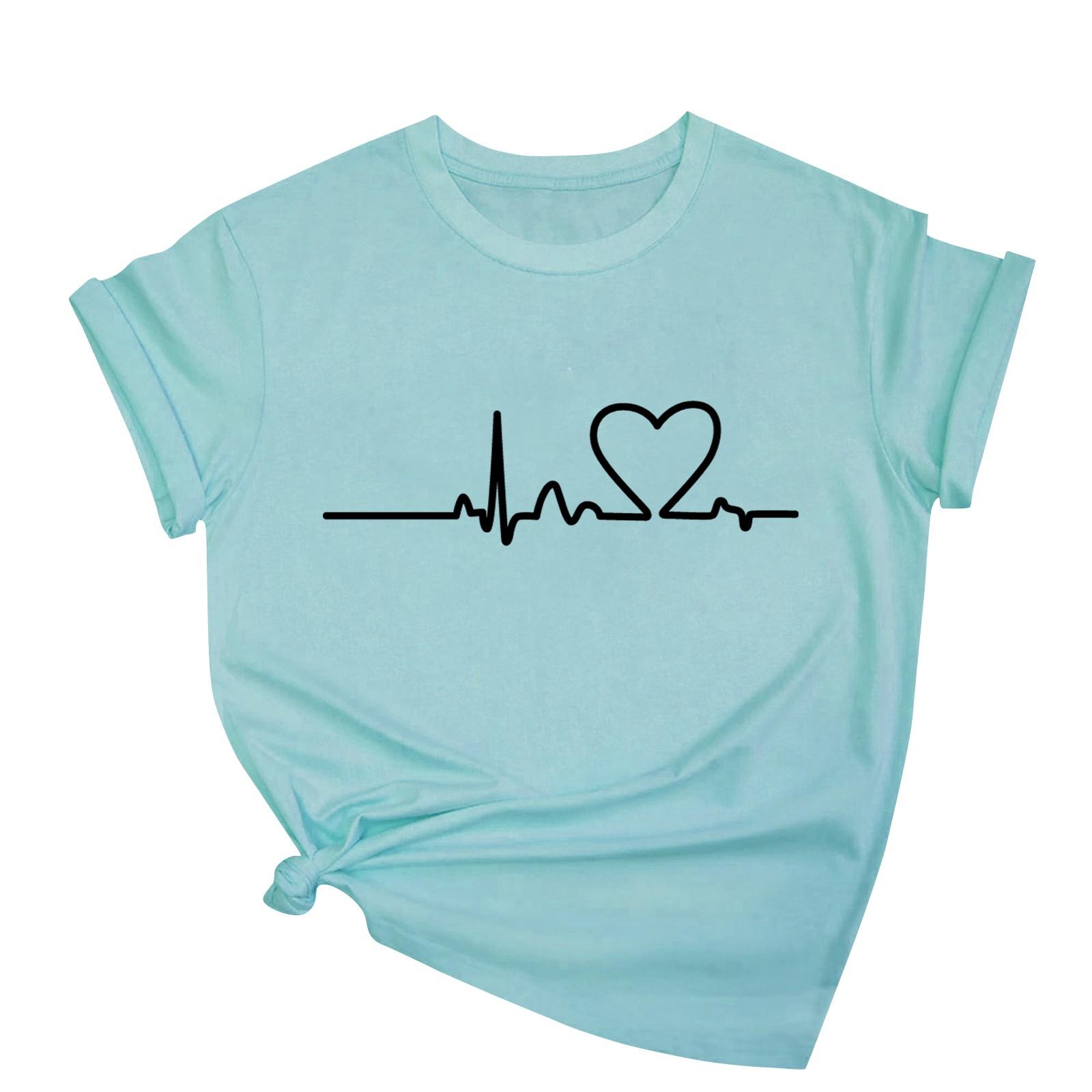 

Женская повседневная свободная футболка с принтом ко Дню святого Валентина, круглый вырез, пуловер, топ с короткими рукавами XL небесно-голубой