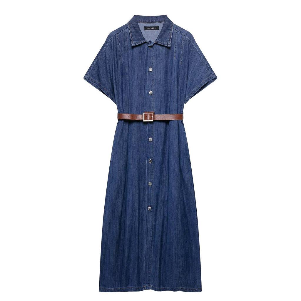 TAOP&ZA Summer Women's Elegant Midi Denim Belted Dress