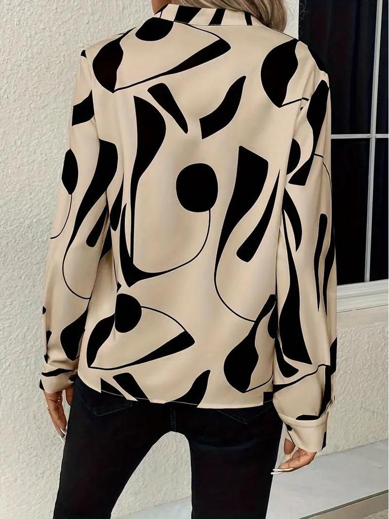 Women's Printed Cut-out Collar Casual Long Sleeve Shirt