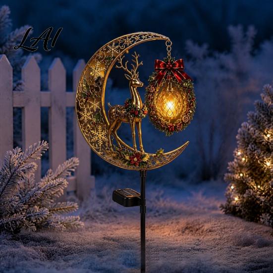Solar Stake Lights for Walkways Christmas Crescent Light Moon Snowman Garden Waterproof Night Scene Atmosphere LED Pathway Lamp Outdoor Yard