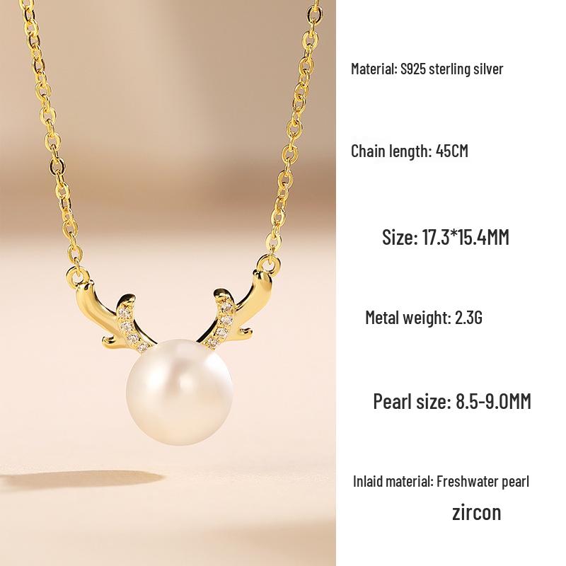 S925 Sterling Silver Dragon & Freshwater Pearl Necklace with Cute Horn Pendant, Zodiac Dragon Year Clavicle Chain for Women S925 Silver