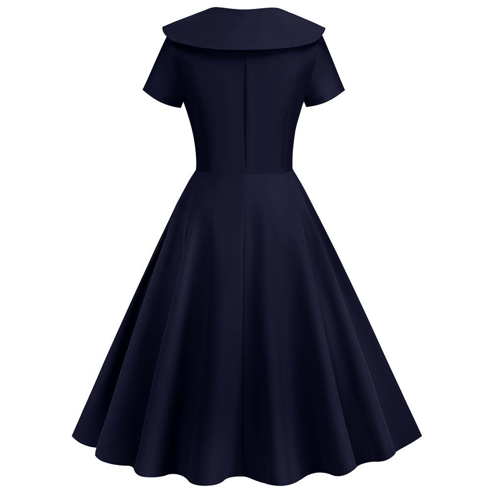 Retro Women Dress Turn-down Collar Shortn Sleeves A-line Big Swing Buttons Slim Fit Solid Color 50s Ball Prom Midi Dress