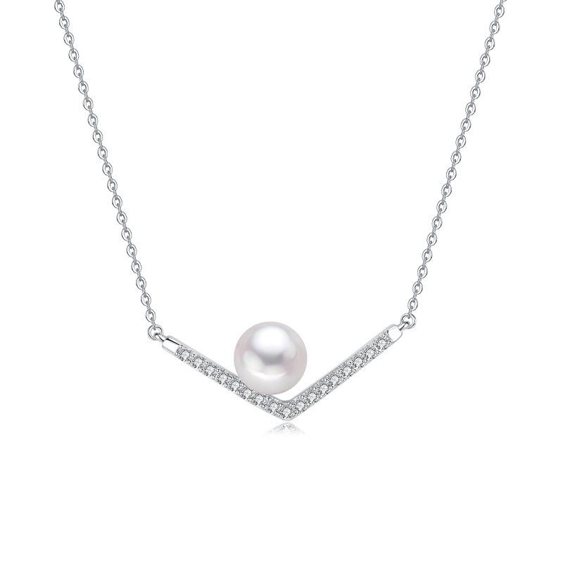 S925 Sterling Silver V Letter Freshwater Pearl Clavicle Necklace 925 Silver