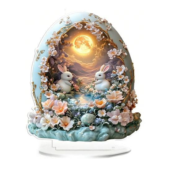 Easter Bunny Table Sign 2D Flat Acrylic Bunny Egg Desktop Ornament Spring Tabletop Centerpiece for Home Corner Fireplace Decor