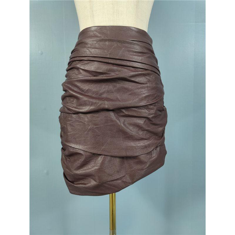

Export Single Lu s Home High Waist Slimming and Fashionable Ruched Pu Yandan Style Short Sexy Sexy Skirt Women Chocolate Brown M