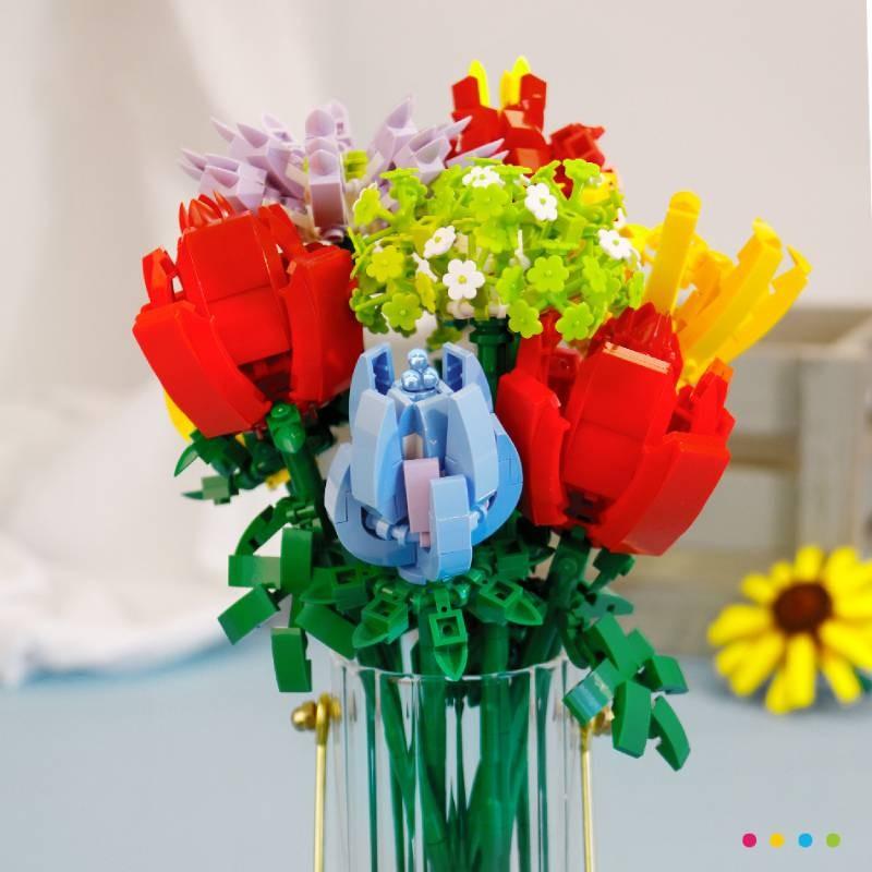 Assembling Children Puzzle Building Blocks Flower Rose Lily Bouquet Model Toy