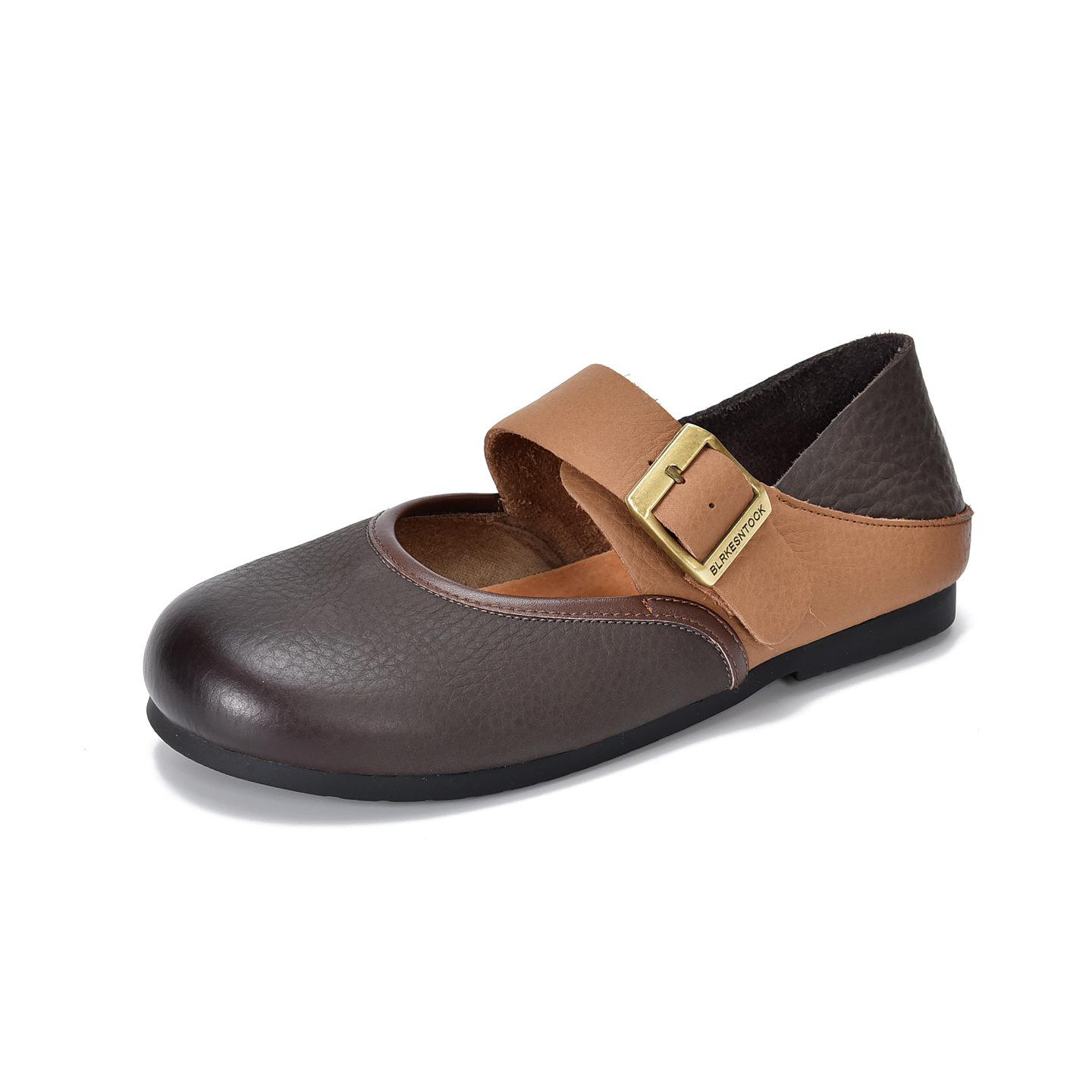 

Johnature Retro Genuine Leather Soft Soled Shallow Women s Shoes Versatile Belt Buckle Round Toe Flat Shoes 35 кофейный