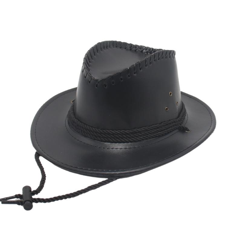 Small Brim Western Imitation Leather Cowboy Hat Windbreak Rope Prairie Riding Men And Women Wear Jazz Knight Hat