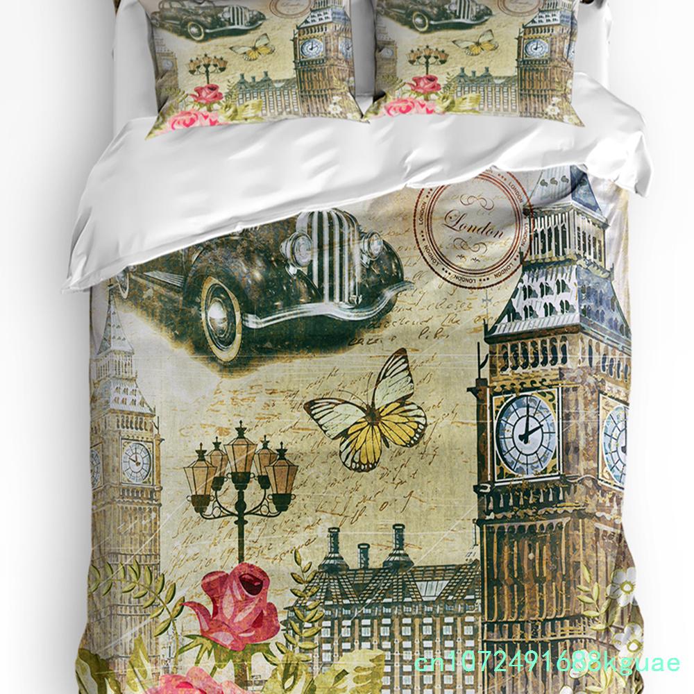 Tea Party Bettwäsche-Set für Schlafzimmer Bett Zuhause London Zeitung Inspiriertes Hintergrundmuster mit Grunge Bettbezug Steppdeckenbezug Kissenbezug