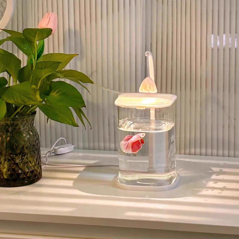 Creative Mini Betta Fish Glass Tank with Light for Desktop Decor, High-End Viewing, and Easy Maintenance.