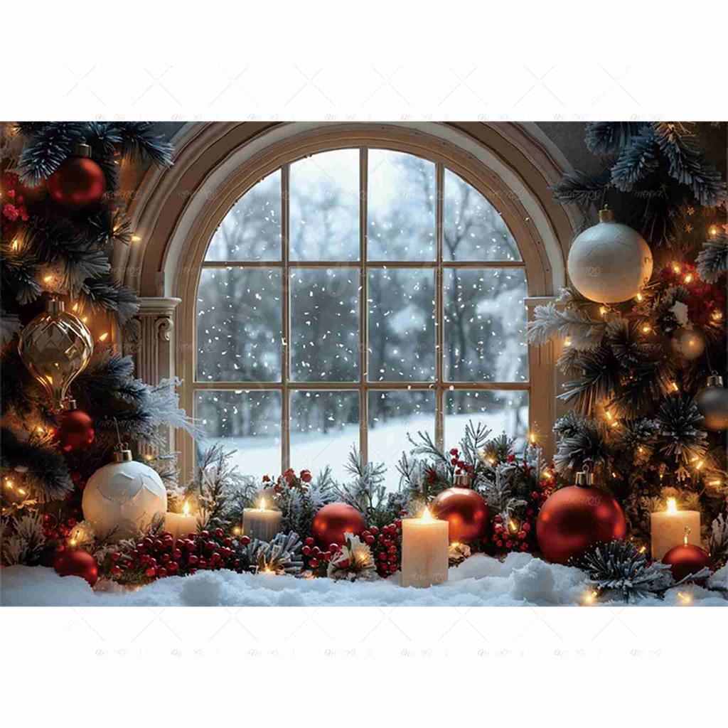 MOON.QG Christmas Home Decoration Photography Backdrop Portrait Baubles Candle Arch Window Background Decoration Photo Studio