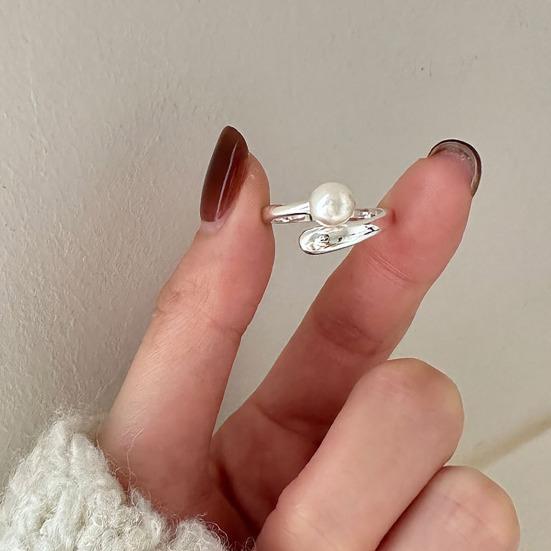 Finger Ring Natural Imitation Pearls Opening Adjustable Finger Band Silver Plated Women Ring Commuting Dating Jewelry Gift