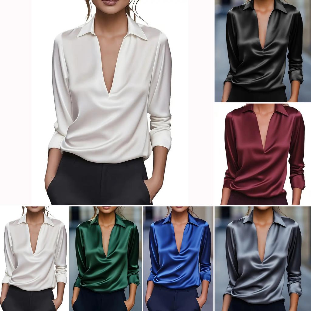 Women's Elegant Dressy Satin Work Shirt Plain Modern Casual Long Sleeve Shirt Collar Regular Tops
