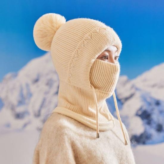 Women Windproof Knitted Hat with Fleece Lining 3-in-1 Hooded Scarf Cold Weather Skiing Hiking Headgear