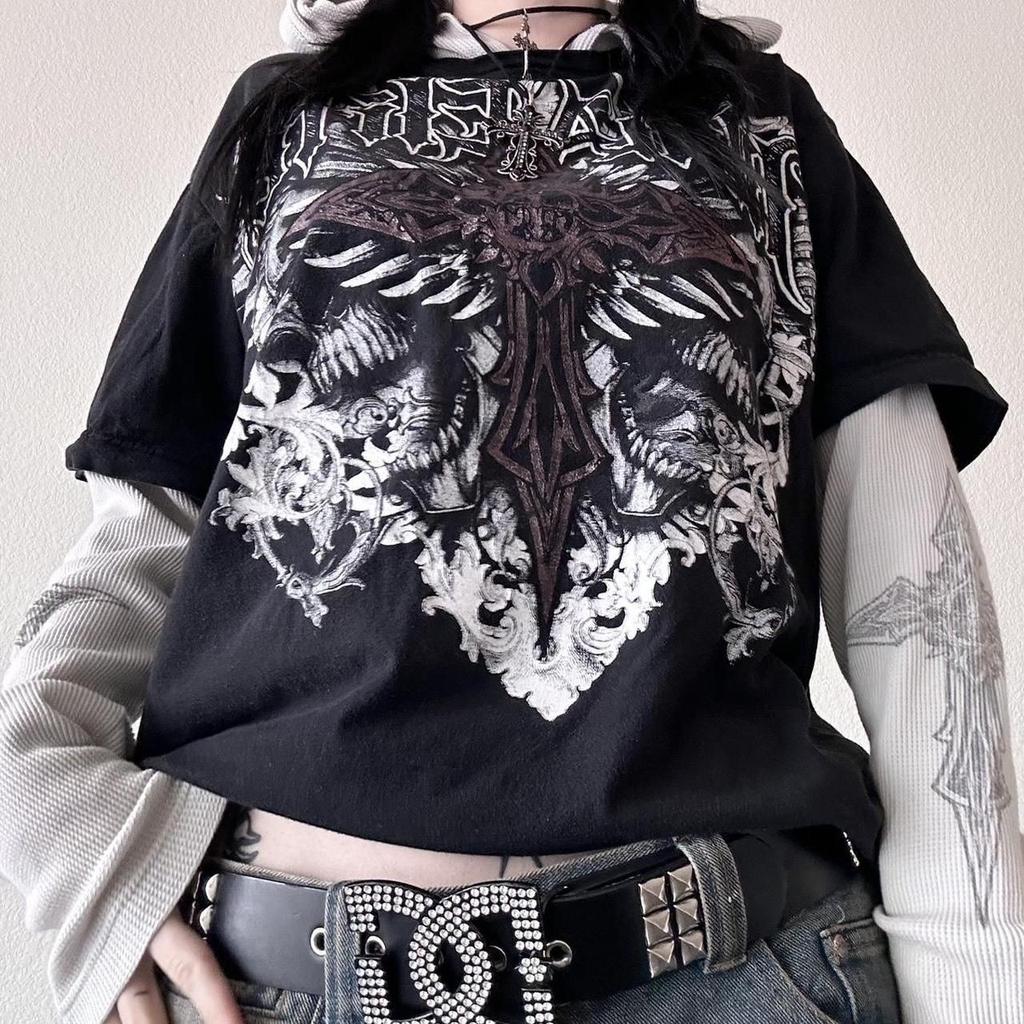 ZYLLO Vintage Graphic Print Pullovers Tops Halloween Clothes 2000s Skull Grunge Layered Sleeve Tee Y2K Aesthetic Emo Mall Goth T-shirt