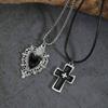 2pcs Set Retro Gothic Flame Sacred Heart Cross Pendant Necklaces Stacked Set for Women Men Halloween Party Jewelry Accessories