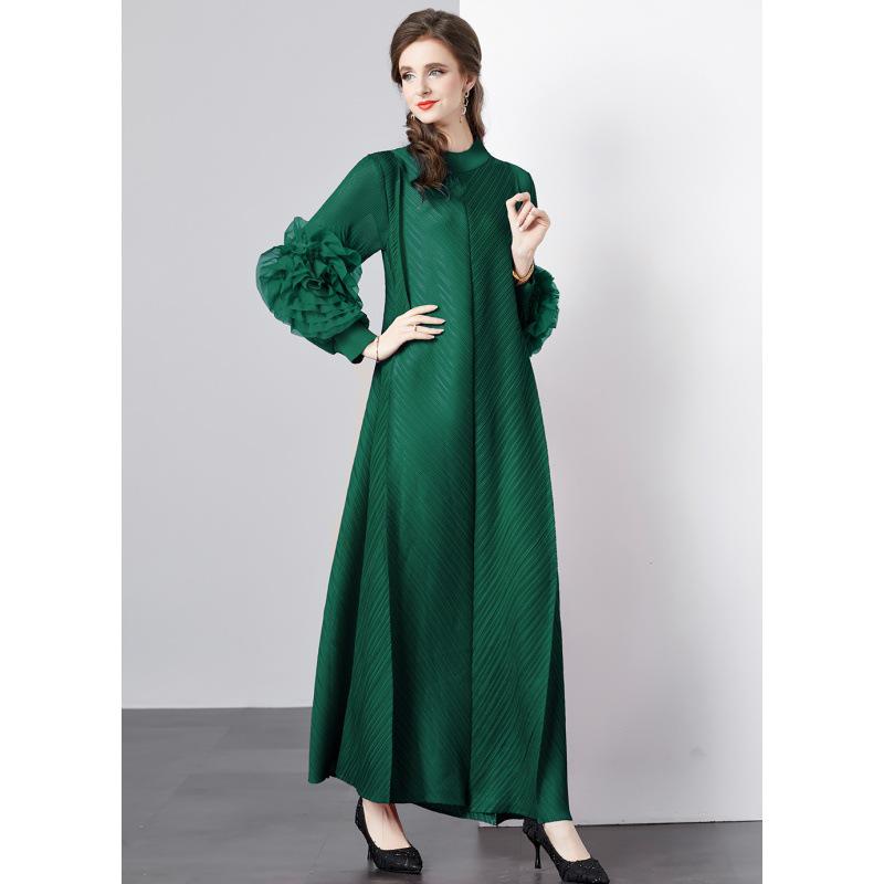

Модное европейское и американское платье 2025 года с оборками и плиссировкой Мияке, длинный рукав One Size темно-зеленого