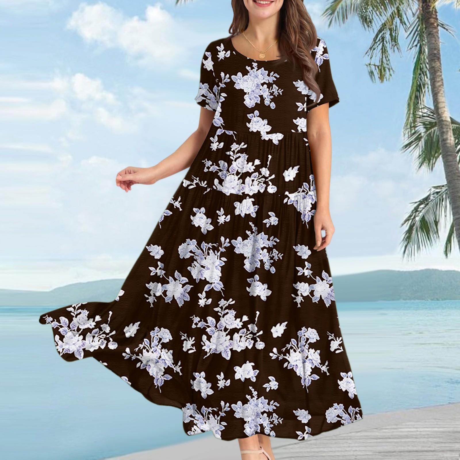 

Женское повседневное свободное богемное платье с цветочным принтом, длинное макси-платье с коротким рукавом, летнее пляжное платье-качели XXL чёрный