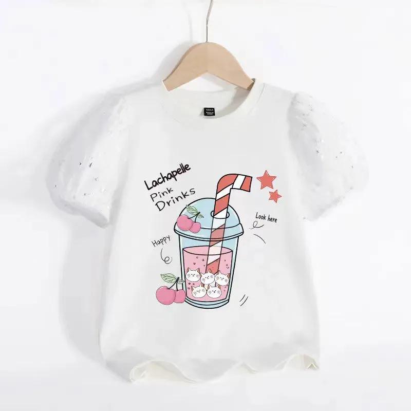 Dívčí tričko s krátkým rukávem léto Dětské s nafouknutým rukávem letní princezna Růžový s polovičním rukávem