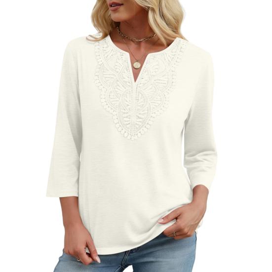 Damen Oberteile Dreiviertelarm V-Ausschnitt T-Shirts mit Hohlstickerei Muster Lockerer Schnitt Freizeitbluse Tägliche Kleidung