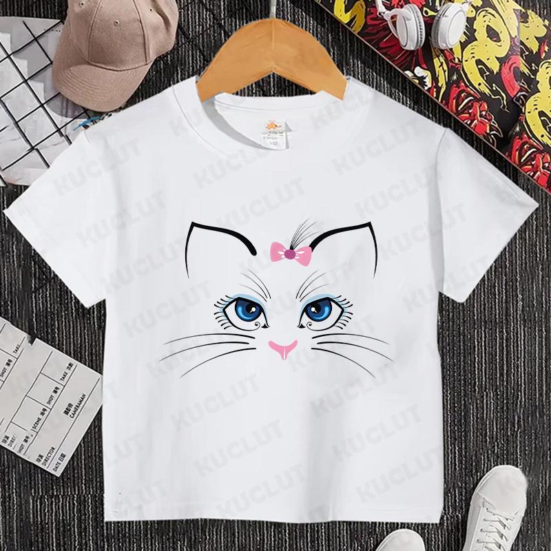 Kids T Shirt Flower Cat Graphic Anime Shirt Summer Girls Floral Kitty Tops Short Sleeve Tee Cute Animal Cartoon Cat White Tshirt