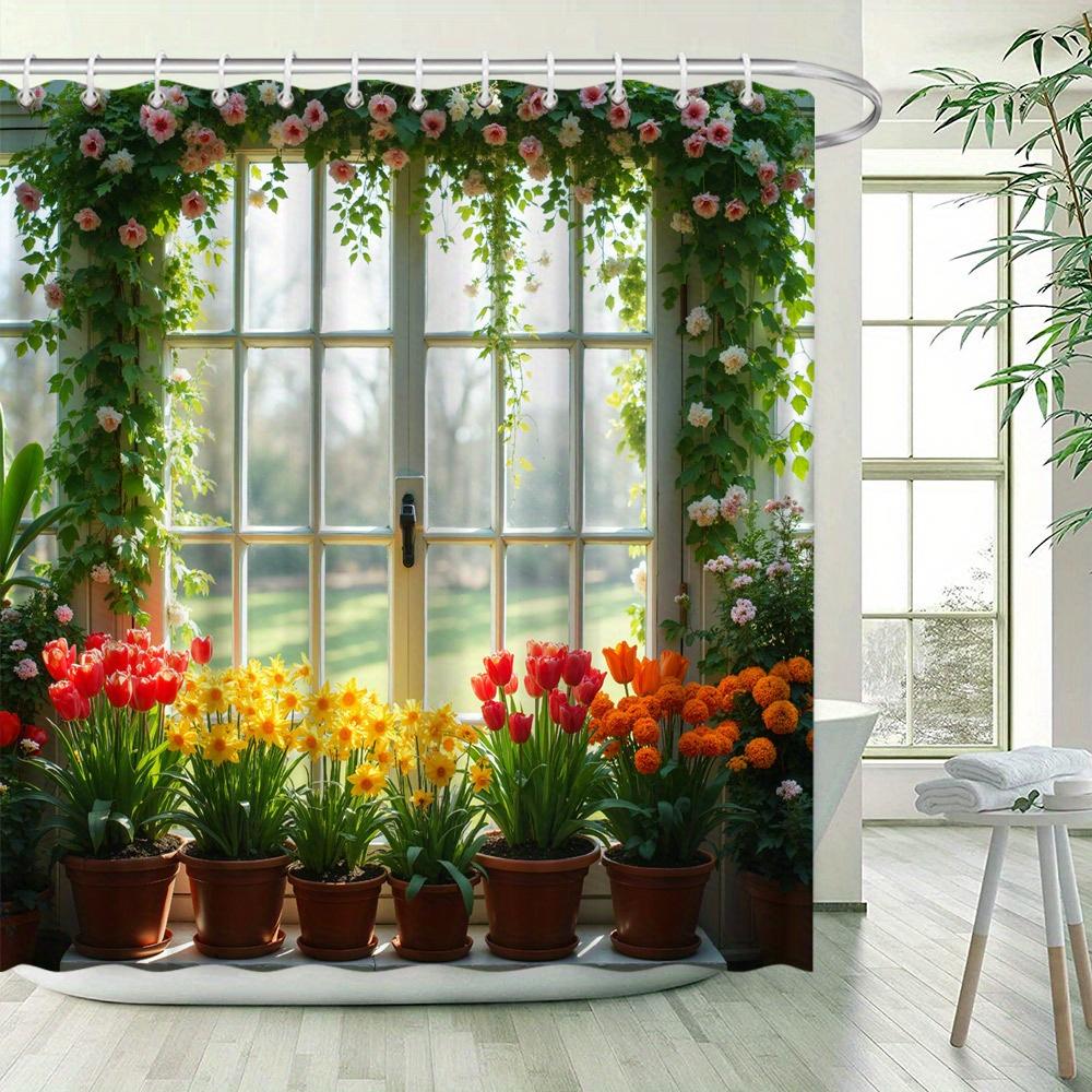 Vibrant Garden Window with Potted Flowers Waterproof Shower Curtain for Modern Bathroom Decor, Perfect for Home Use