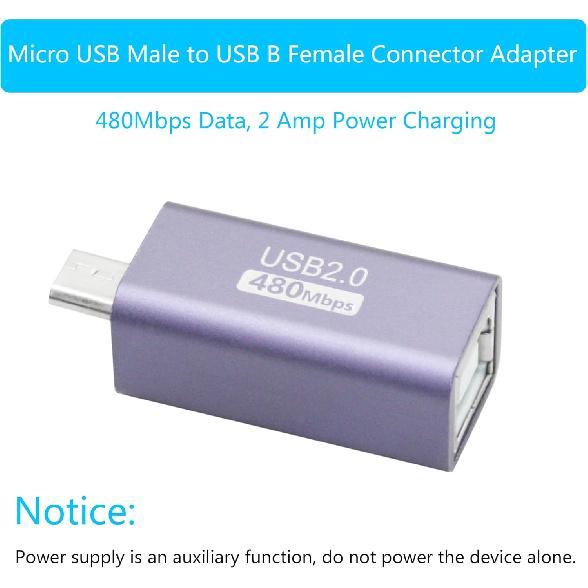 USB 2.0 B Type Connector Adapter, Micro USB Male To USB B (MIDI) Female Power and Data Extension Adapter, Aluminum Alloy Housing, for Electronic