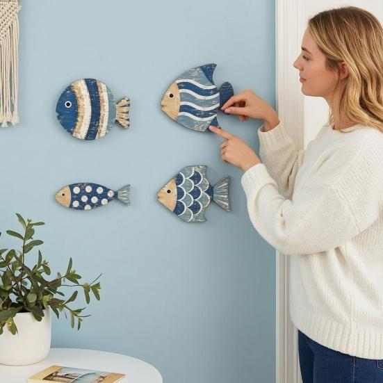 Ocean Themed Bathroom Decorations 4Pcs/Set Wooden Fish Wall Decor, Coastal Style Art, Distressed Handcrafted Art Rustic Blue Ornaments for Beach House