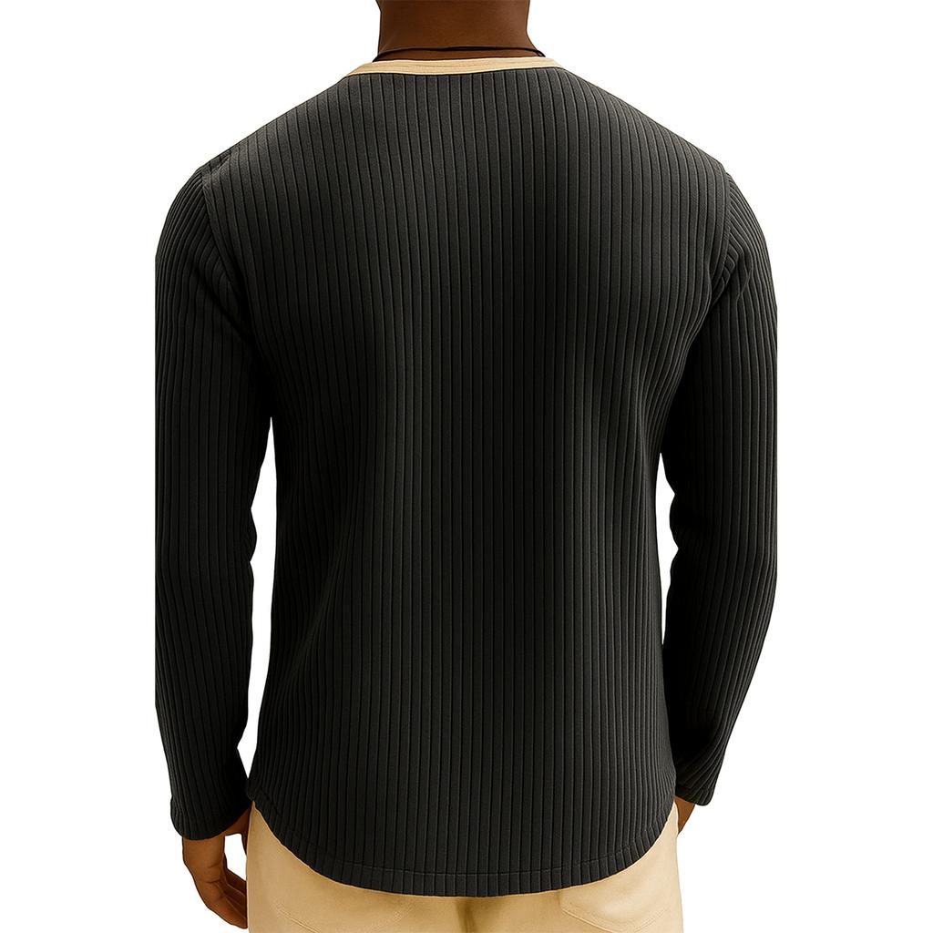 Men's Solid Color Ribbed Textured Button Down Round Neck Long Sleeved Top