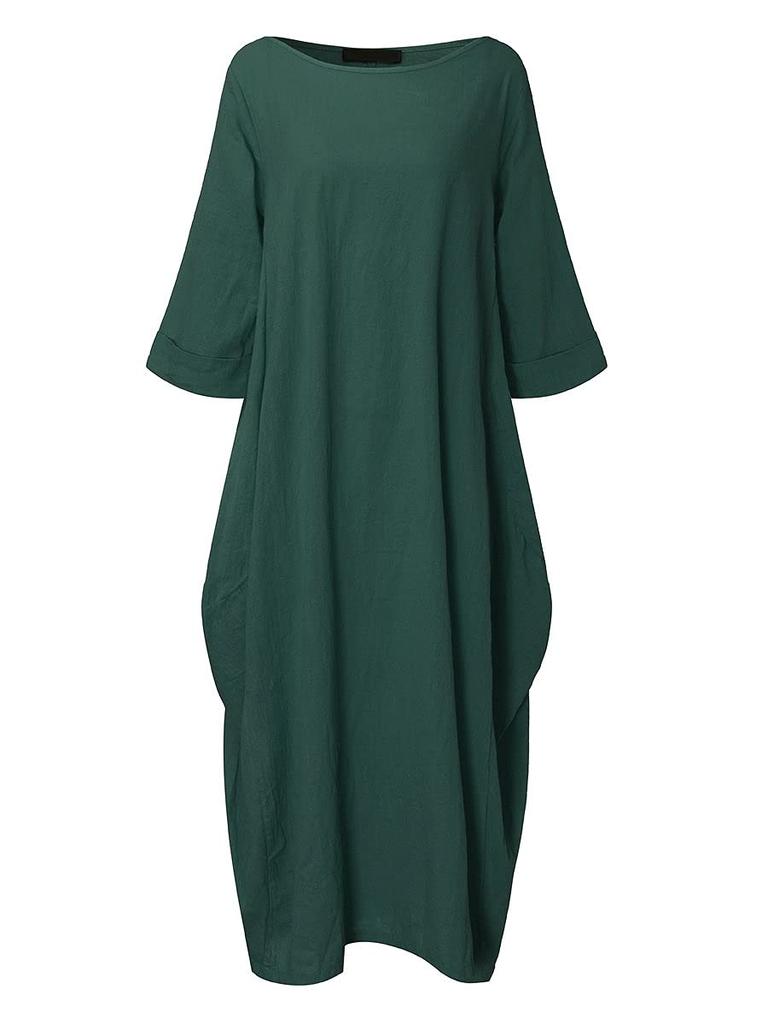 Cotton Linen Plus Size Solid Color Extra Long Dress Loose Dress [JINJUDUO] (Green, XL)