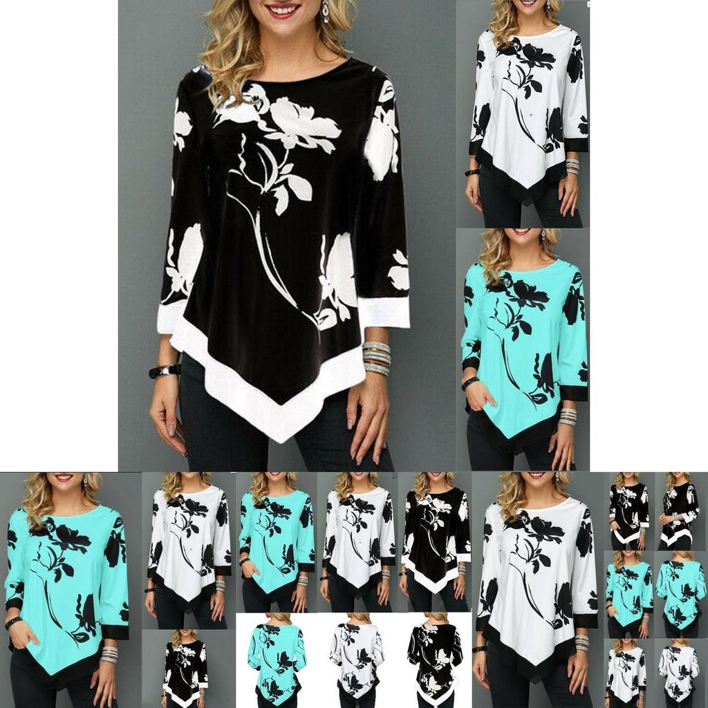 Elegant Women Irregular Floral Blouse Tee With Asymmetric Hem And Round Neck