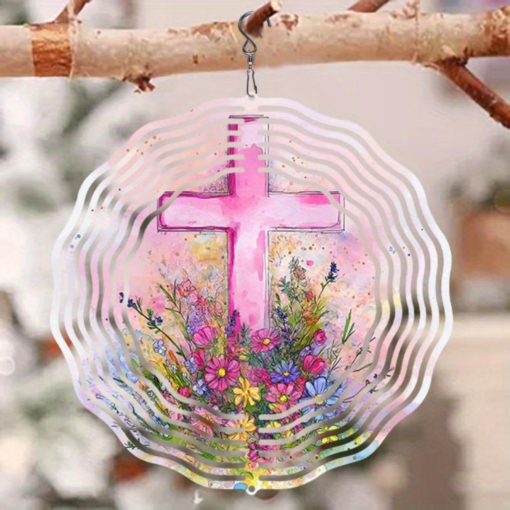 1pc Mandala Style 2D Rotating Wind Chime with Floral Cross Design - Metal Art Decor, No Power Needed, Ideal for Outdoor and Garden Decoration