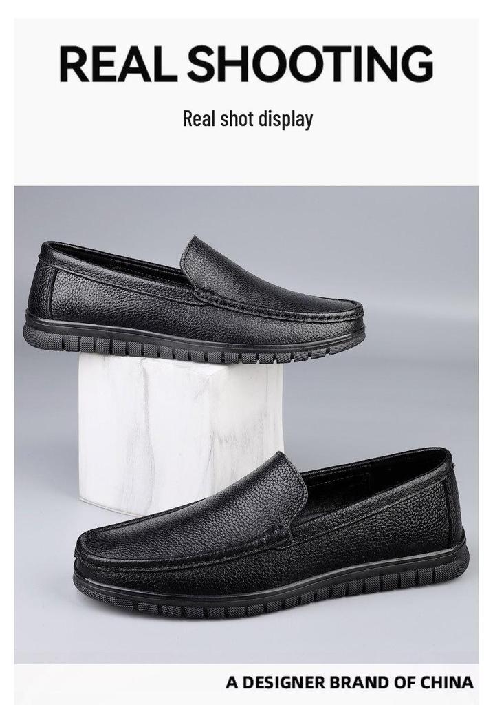 Four Seasons Men's Leather Slip-On Loafers: Soft, Breathable Business Casual Shoes with Flat Bottom and Easy On/Off Design