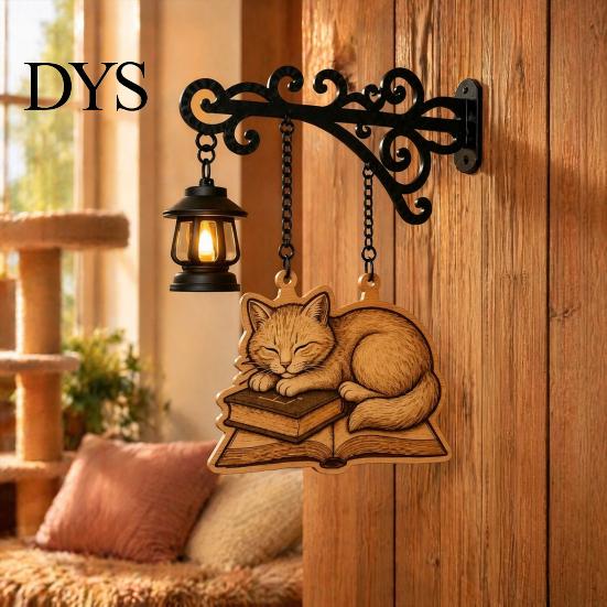 Cat Decor for Book Lovers Vintage Bookshelf Light with Sleeping on Design, Retro Lantern Unique Craft Gifts Students Lamp Reading, Decorative