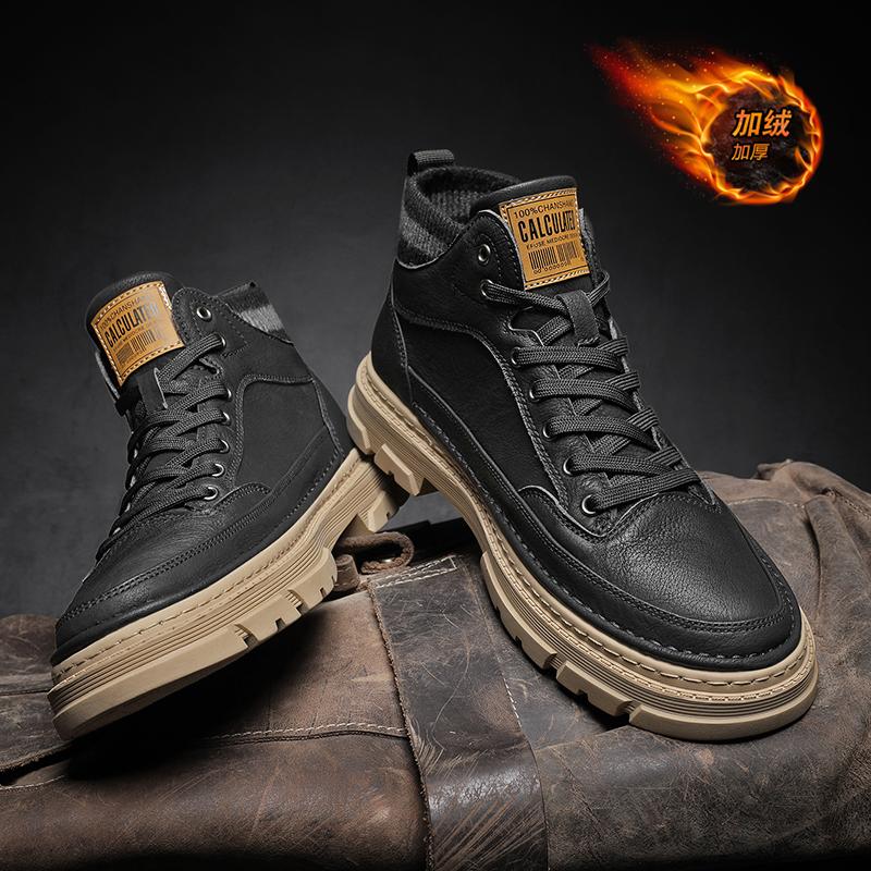 High-top autumn new leather shoes casual black Martin boots velvet cotton shoes trendy shoes