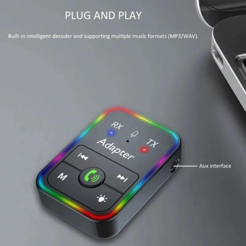 Car 2 in 1 Wireless Bluetooth 5.3 Transmitter or Receiver RGB Light Hand Free With Mic 3.5mm AUX Jack Audio Adapter MP3 Player