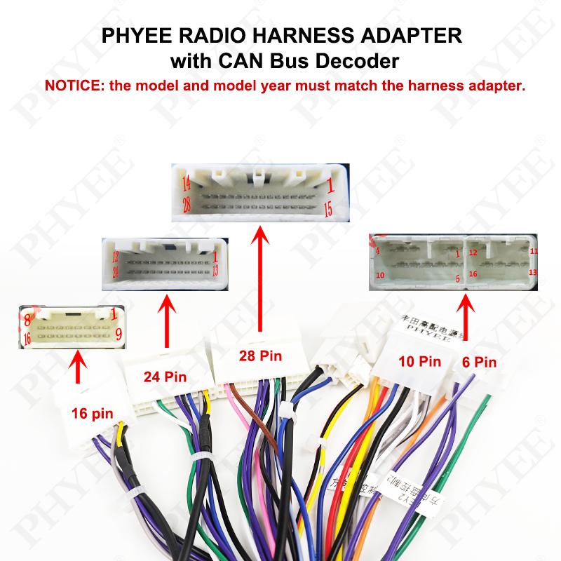 CAN Bus Wiring Harness 28/24/16 Pin, SWC & Reverse Camera Retention, 16Pin Android, for Toyota Corolla, Camry, RAV4, Yaris, CHR