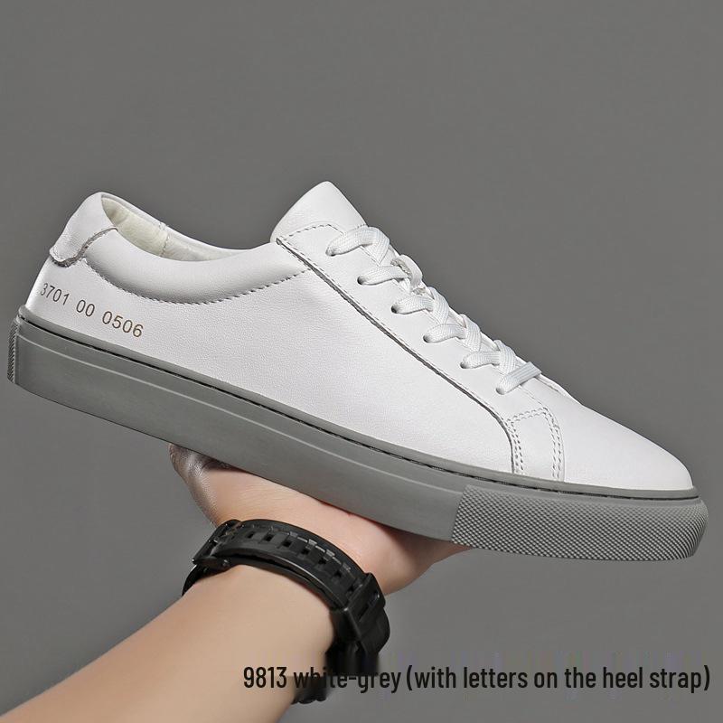 Men's Casual White Cowhide Shoes - Versatile Korean Style, Small Round Toe, Plus Size Trend
