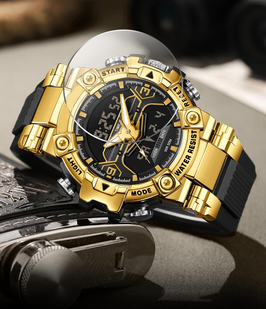 FindTime Men's Digital Watch, Dual Time Analog Military Watch, Stopwatch, Alarm, Waterproof, Sports Watch, Running Watch, Luminous Backlight, Day and