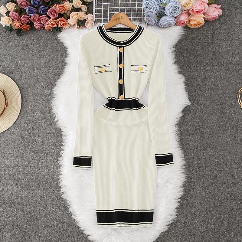 Herbst Winter Frauen Elegante O-Ausschnitt Strickpullover Schlank Bodycon Mantel Pullover Kleider