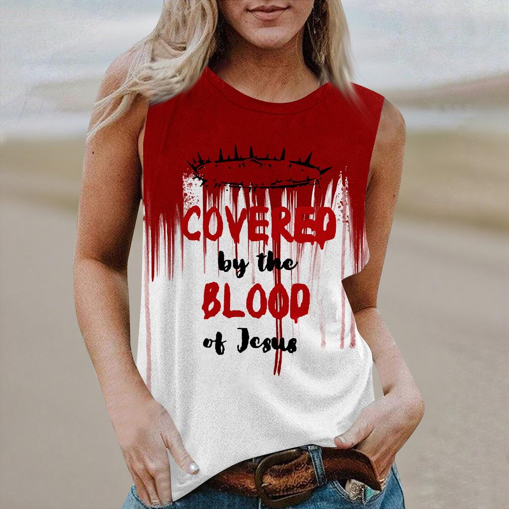 Women's Round Neck Casual Sleeveless Halloween Printed Vest T-Shirt Top