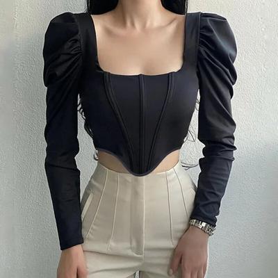 2023 Retro Čtvercový Límec Sexy Halenky Kancelářský Top Dámský Dlouhý Rukáv Bublinkový Rukáv Pas Oblečení Ženy Blusas Elegantní 30117