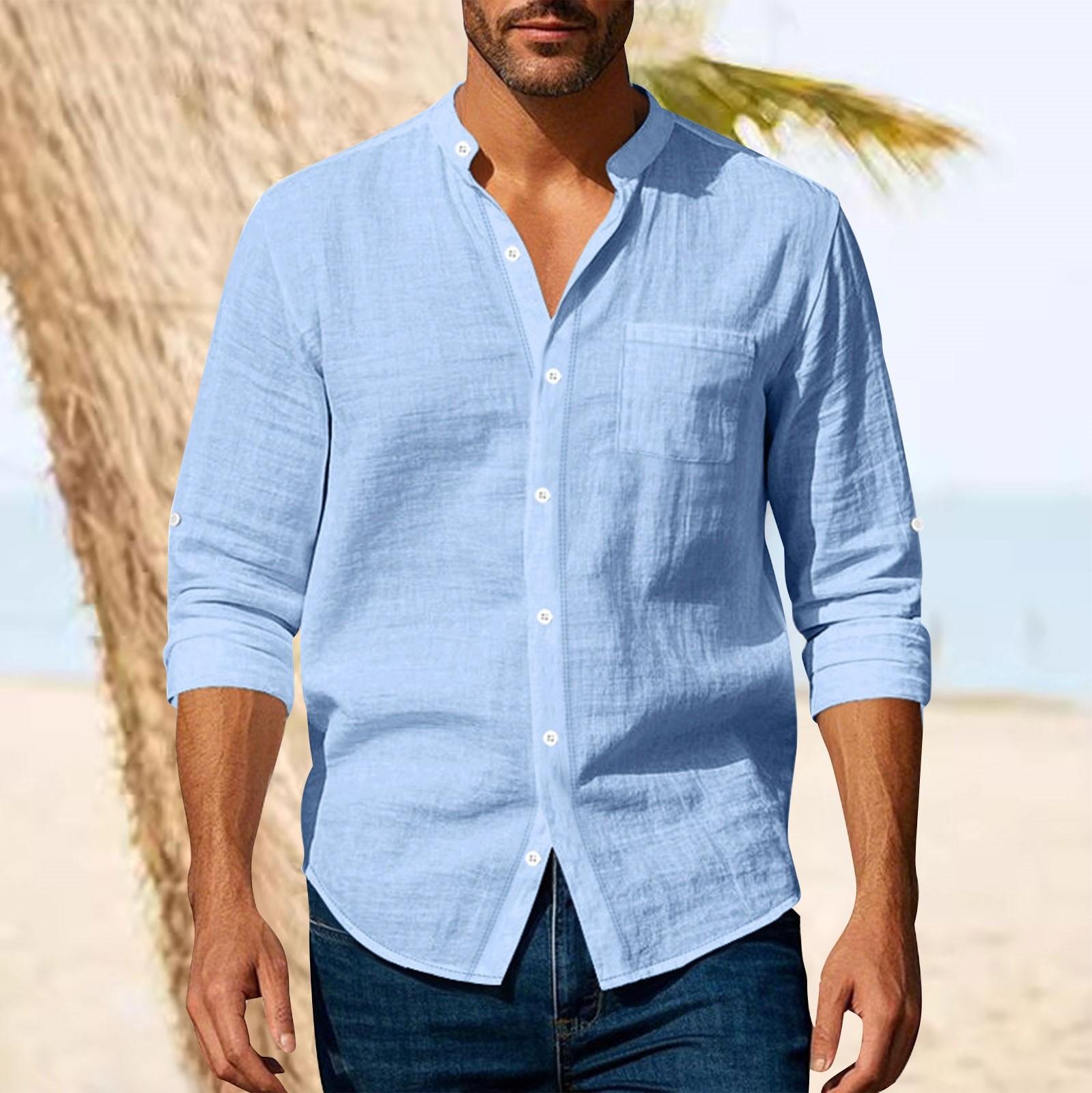 

Весенне-осенняя льняная мужская рубашка с длинным рукавом, дышащая повседневная рубашка с карманом L
