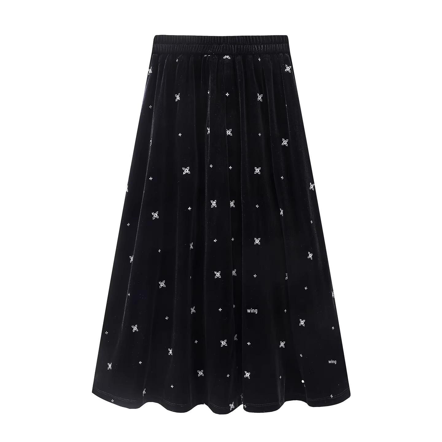 

Women s High-Waist Gold Velvet Polka Dot A-Line Midi Skirt with Snowflake Embroidery - Spring 2026 Style S чёрный