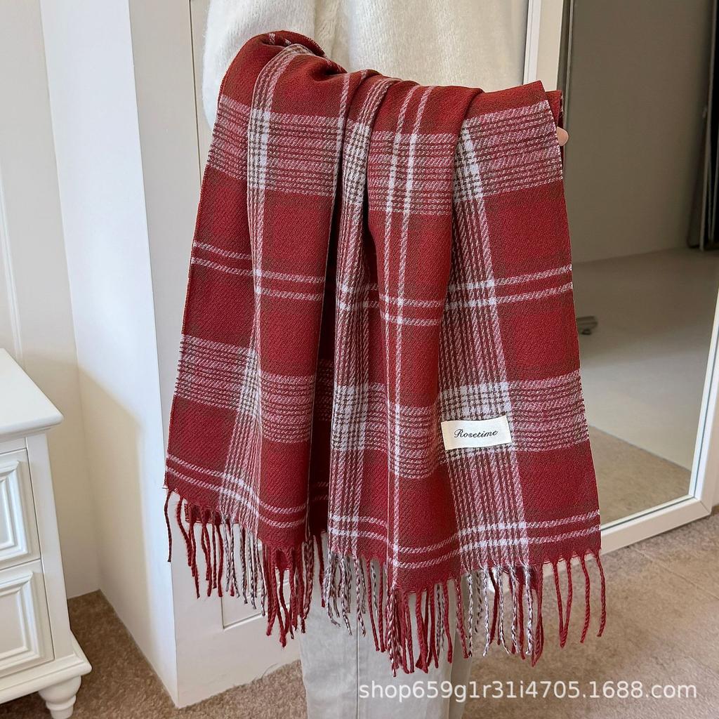 New Imitation Cashmere Plaid Scarf Women's Autumn and Winter High-end Sense Fashion Temperament Warm Fringed Shawl