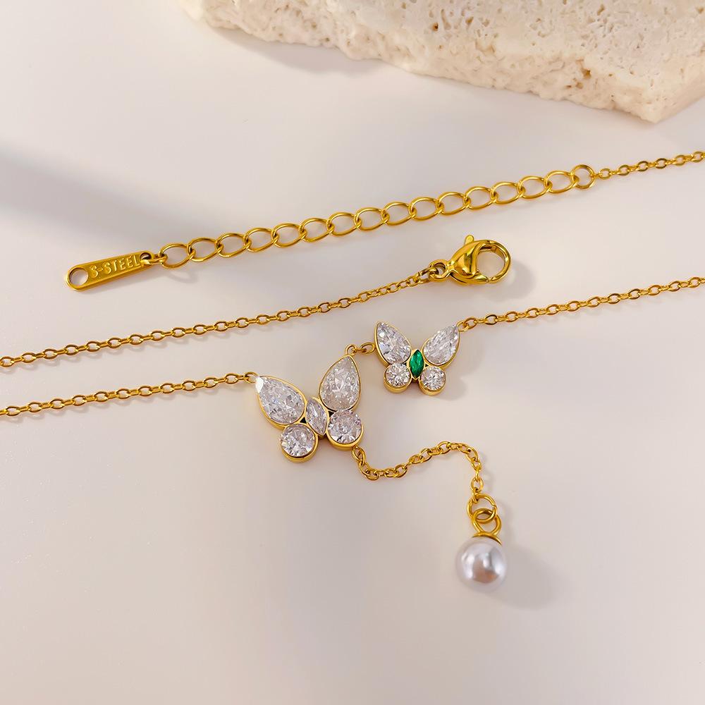 Exquisite butterfly Necklace Fashion Stainless Steel Luxury Zircon Jewelry Commute Pearl Tassel Chokers Necklaces ALN2601000252